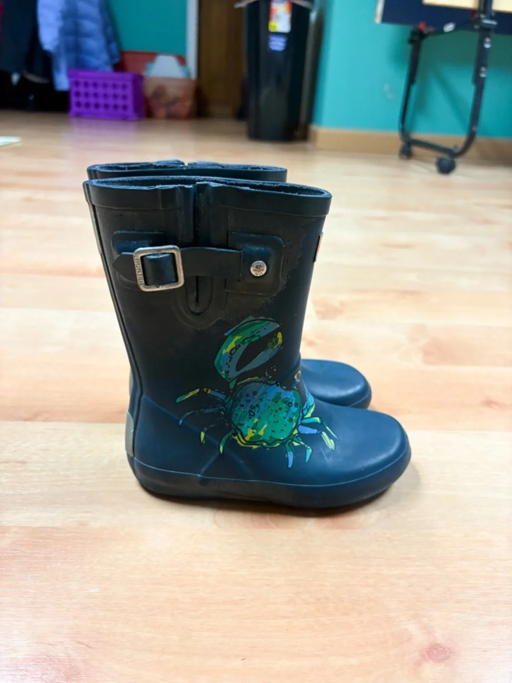 Hunter Navy Blue & Green Crab Graphic Rubber Rain Boots Unisex Toddler 8